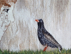 Tapestry of face looking at a starling bird, part of Corina Duyn's creative healing arts works