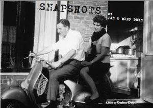 cover of Snapshots, Memoir of Jan & Miep Duyn. with photo of Jan and Miep on a motorbike outside an open kitchen door. 1959 Netherlands