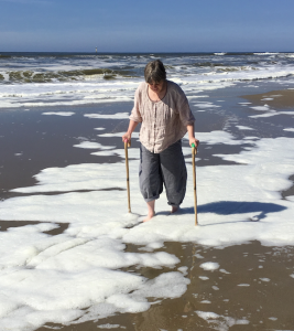 a walk in the sea, with walking sticks